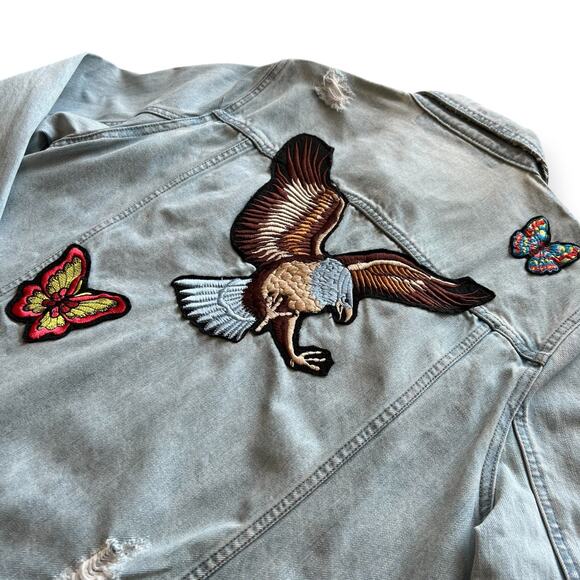 Simply Bee Denim Jacket Plus Size Jean Embroidered Eagle Butterflies Distressed - Picture 6 of 9